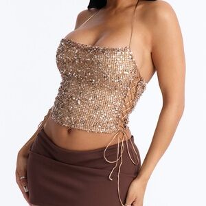 NO LONGER FOR SALE Fashion Nova Sequin Crochet Halter Tie Up Crop Tank